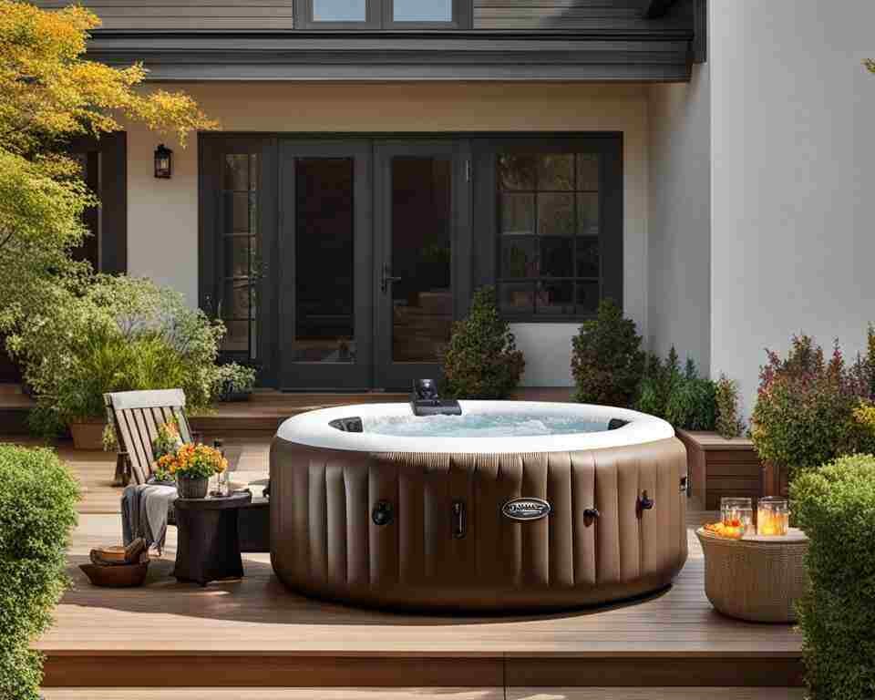 A light brown inflatable hot tub on a beautiful wood deck, in a backyard.