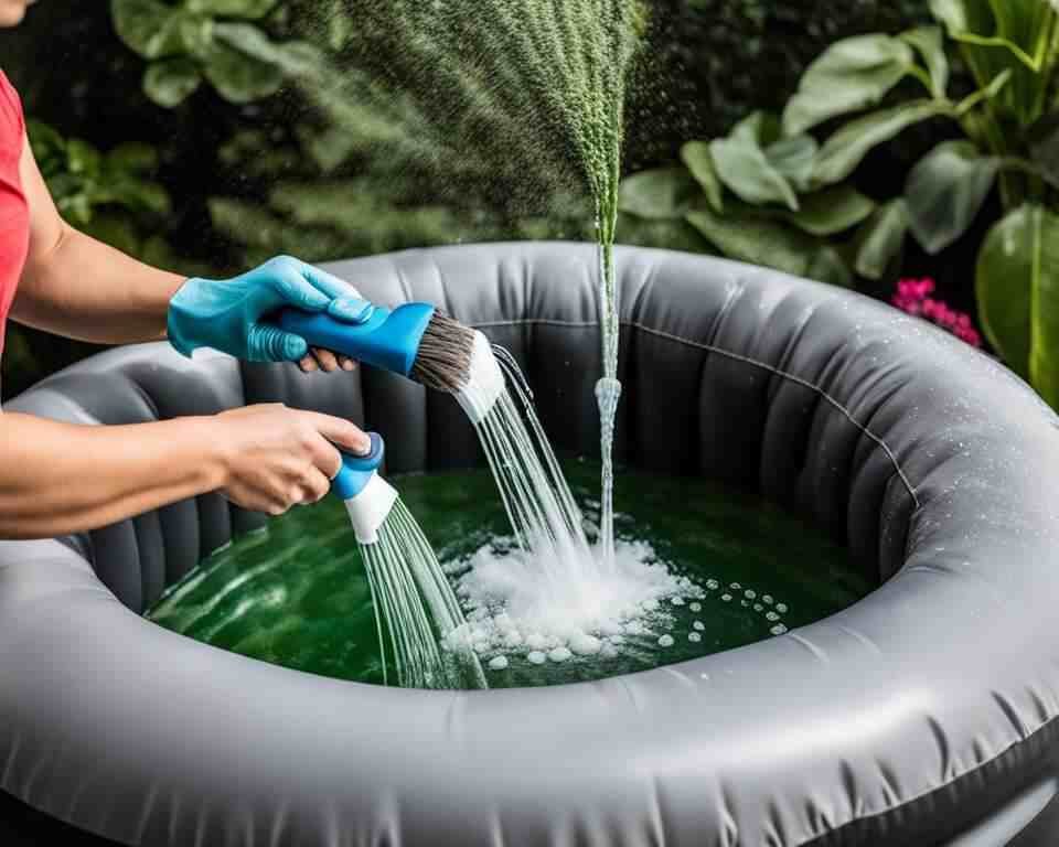 A person cleaning their inflatable hot tub.