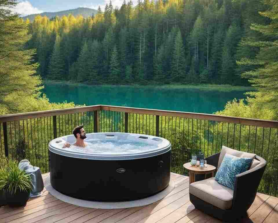A person relaxing in a clean and clear hot tub surrounded by nature.