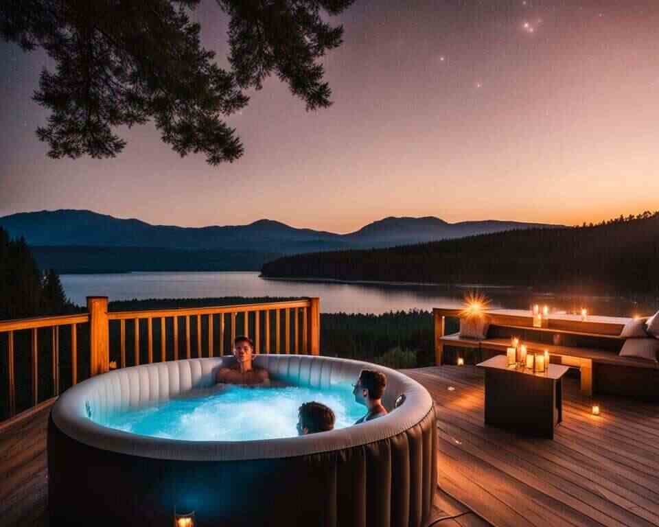 An inflatable hot tub on a backyard deck, with people in it.