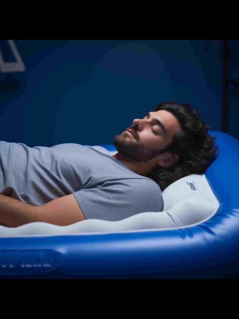 A man sleeping on an air mattress.