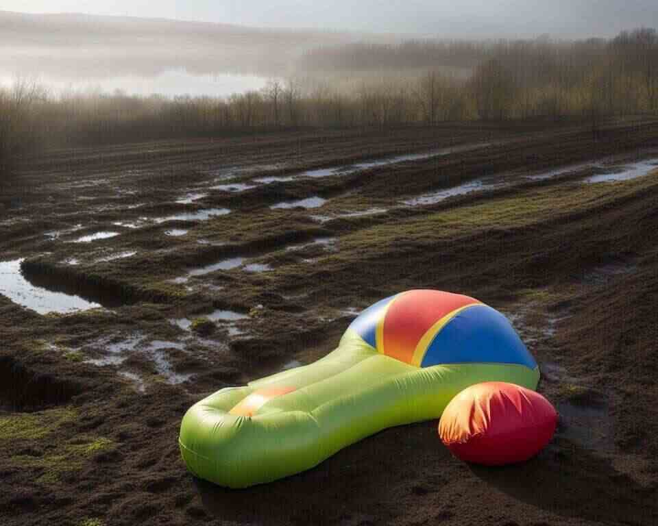 A deflated inflatable toy lying in a damp and muddy area, while a bright, sunlit area appears just a few steps away.