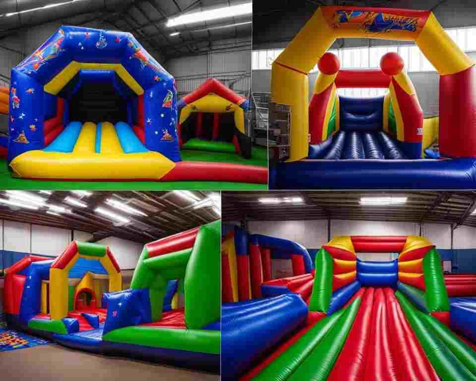 A photo of 4 different inflatable playground setups indoor.