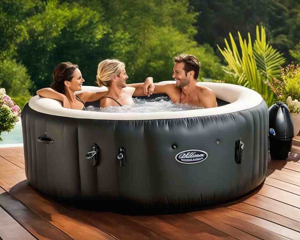 Three people enjoying an inflatable hot tub on their backyard patio.