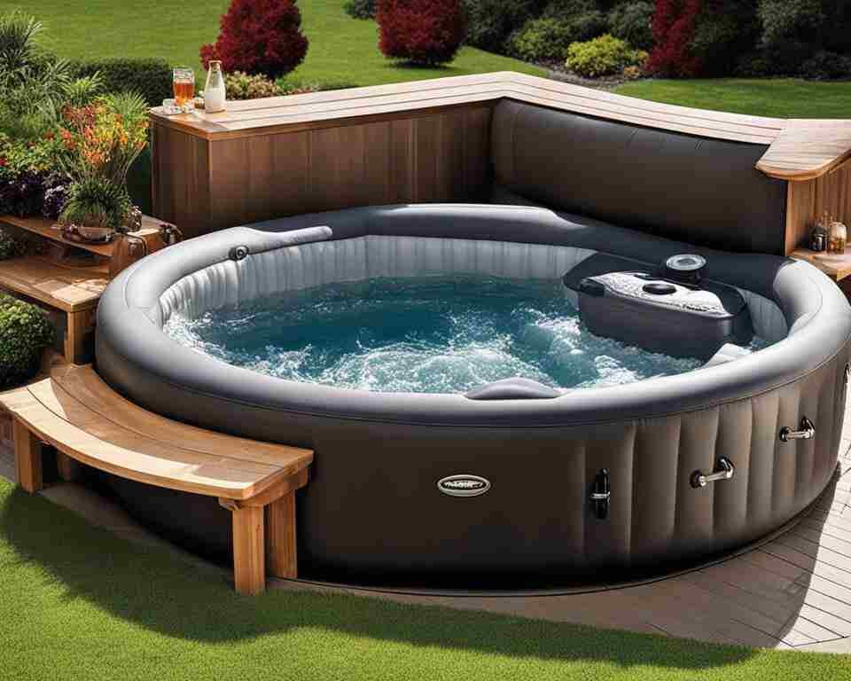 An inflatable hot tub in a backyard.