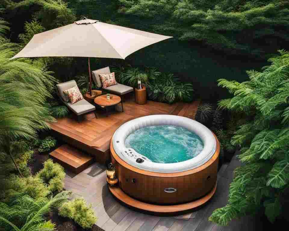 A portable inflatable hot tub installed on a backyard deck.
