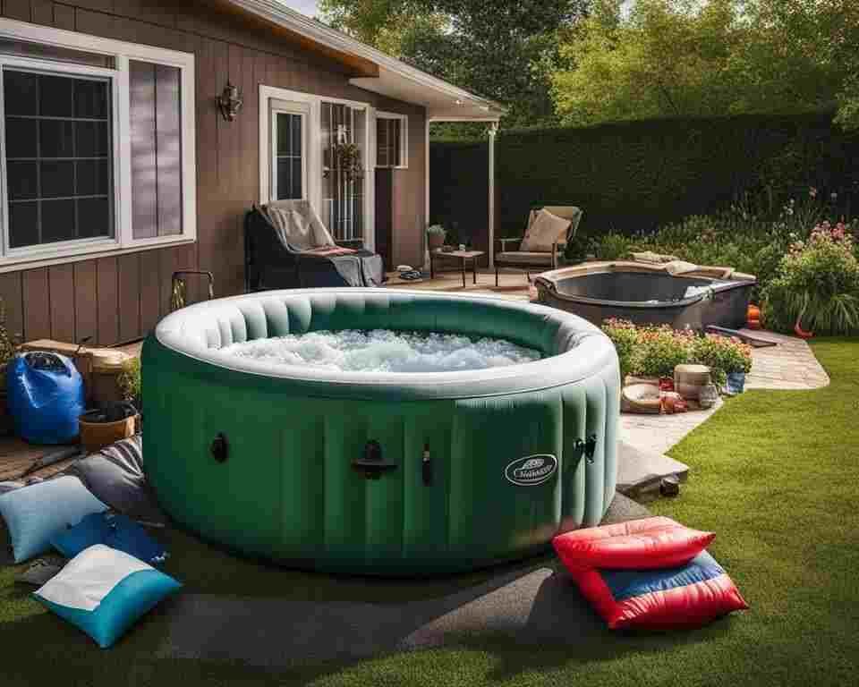 A green inflatable hot tub in a backyard.
