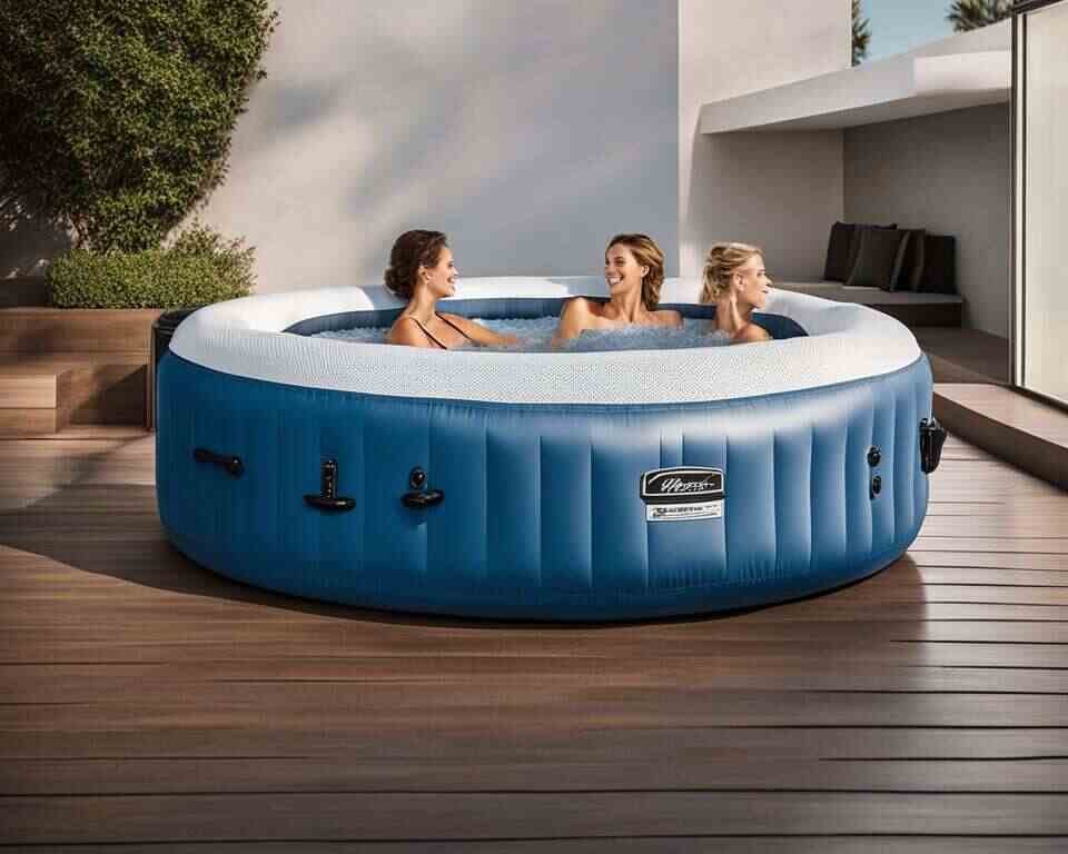 Three women seated in an inflatable hot tub.