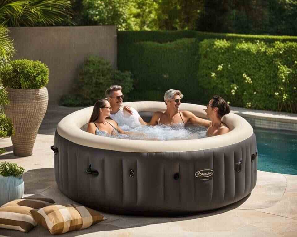 Four people sitting in an inflatable hot tub outdoors.