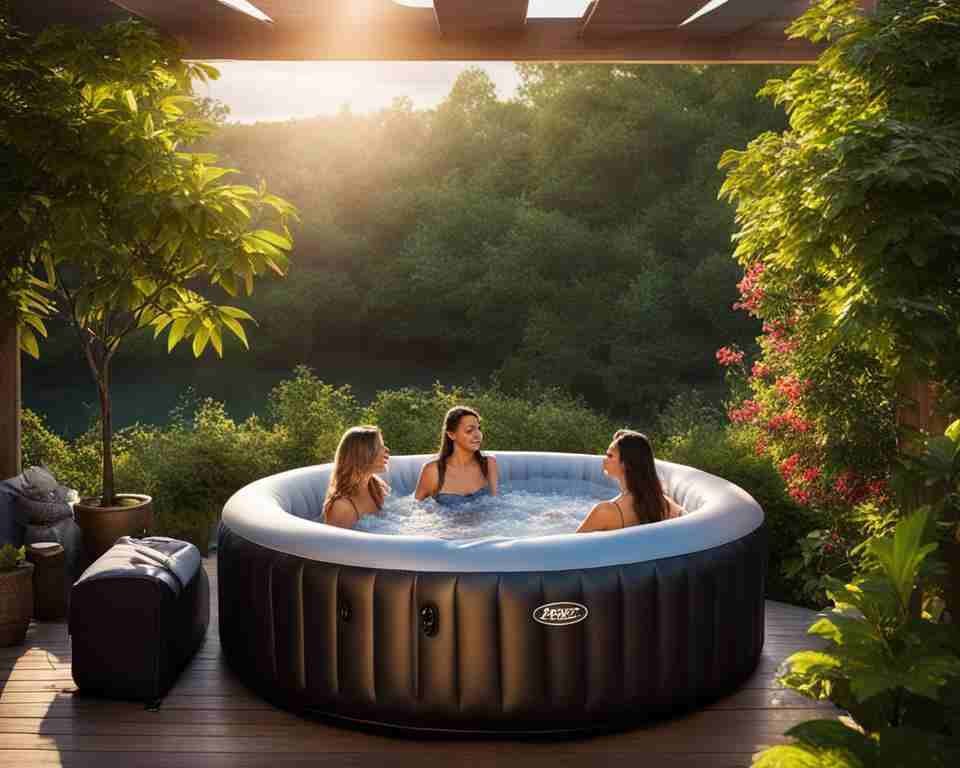 Three women in an inflatable hot tub.
