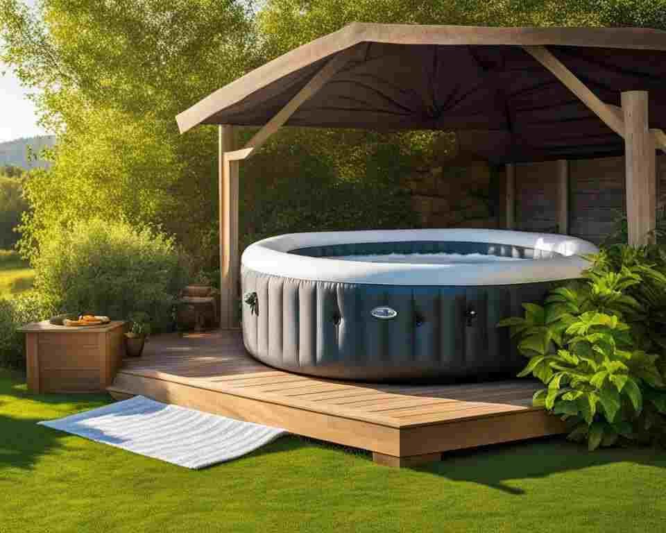 An inflatable hot tub installed on an outdoor deck.