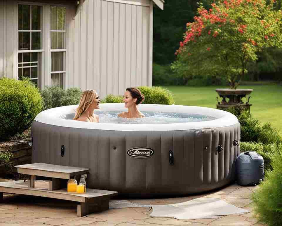 A couple of women enjoying their outdoor inflatable spa.