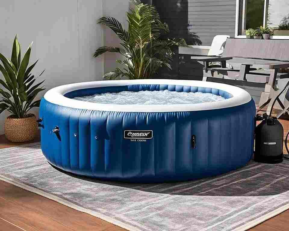 A blue inflatable hot tub indoors.