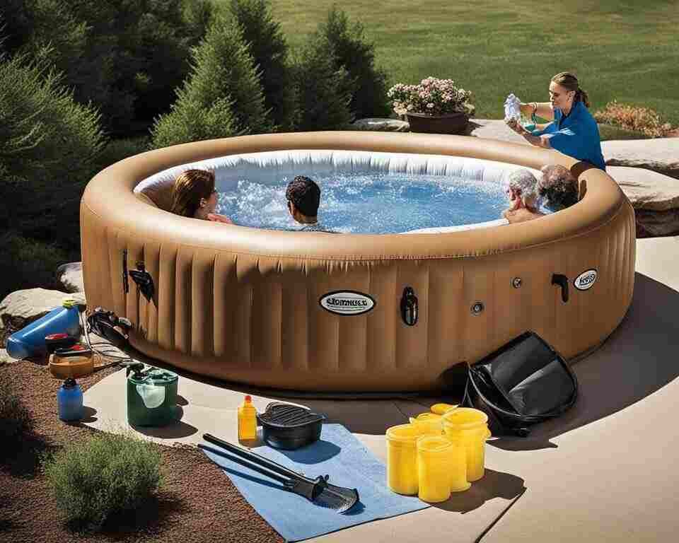 Two couples enjoying an inflatable hot tub outdoors.