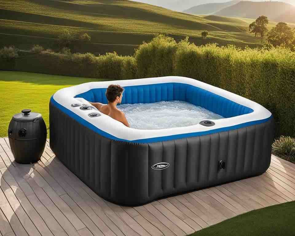 A woman relaxing in an inflatable hot tub in her yard.