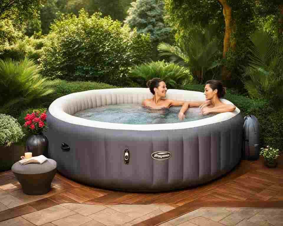 Two women having fun in an inflatable hot tub, outdoor.