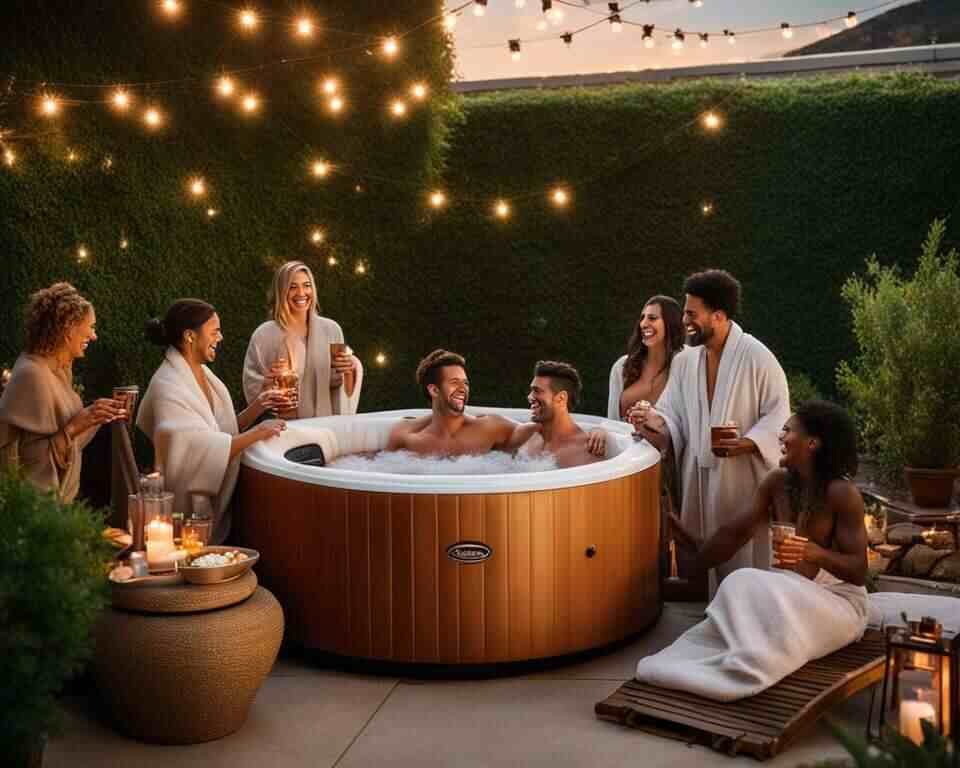An inflatable portable hot tub in a backyard, with people in it, and friends around it.