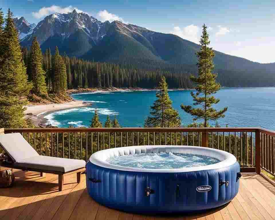 An inflatable hot tub on a backyard deck.
