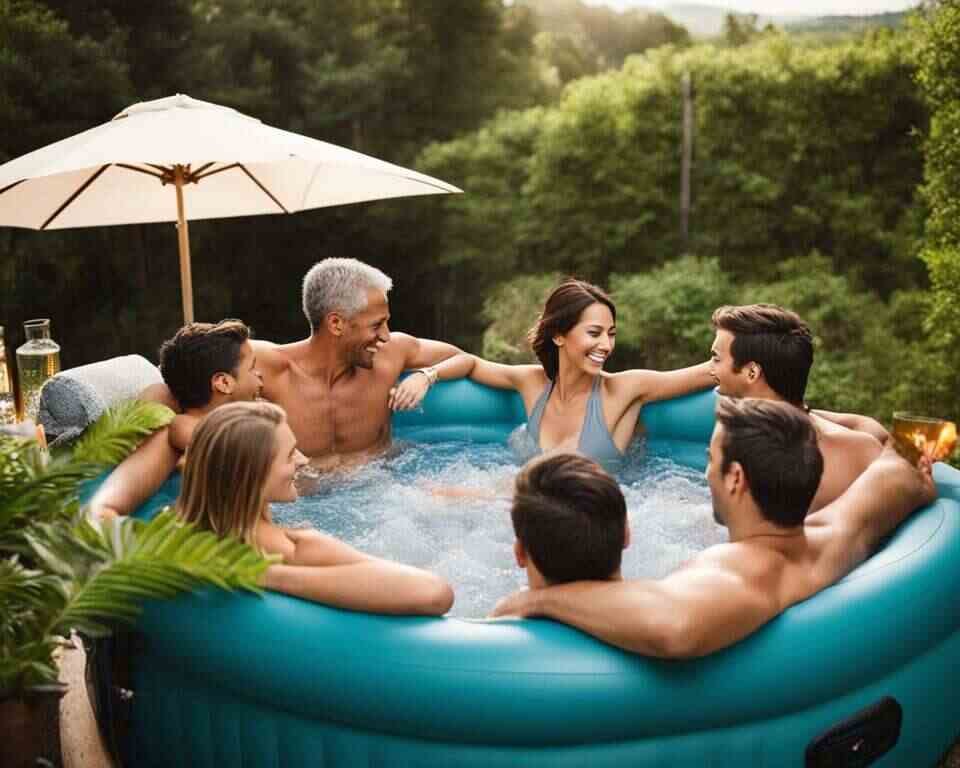 A group of friends in a backyard enjoying an inflatable hot tub.