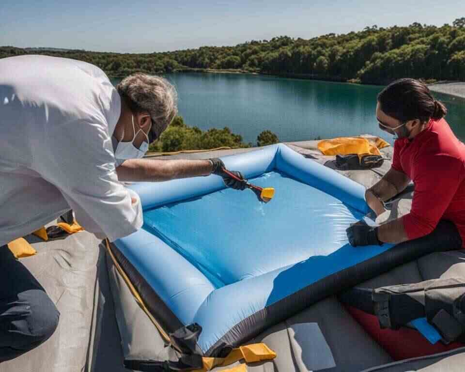 Two people repairing an inflatable.