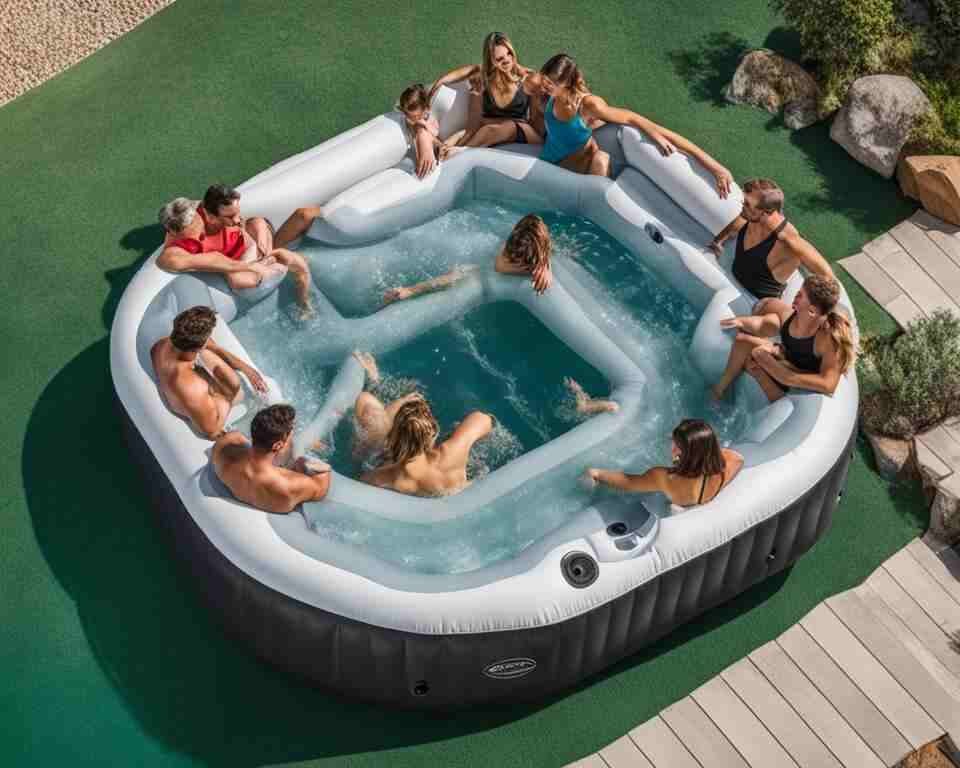 A group of people seated in portable hot tub.