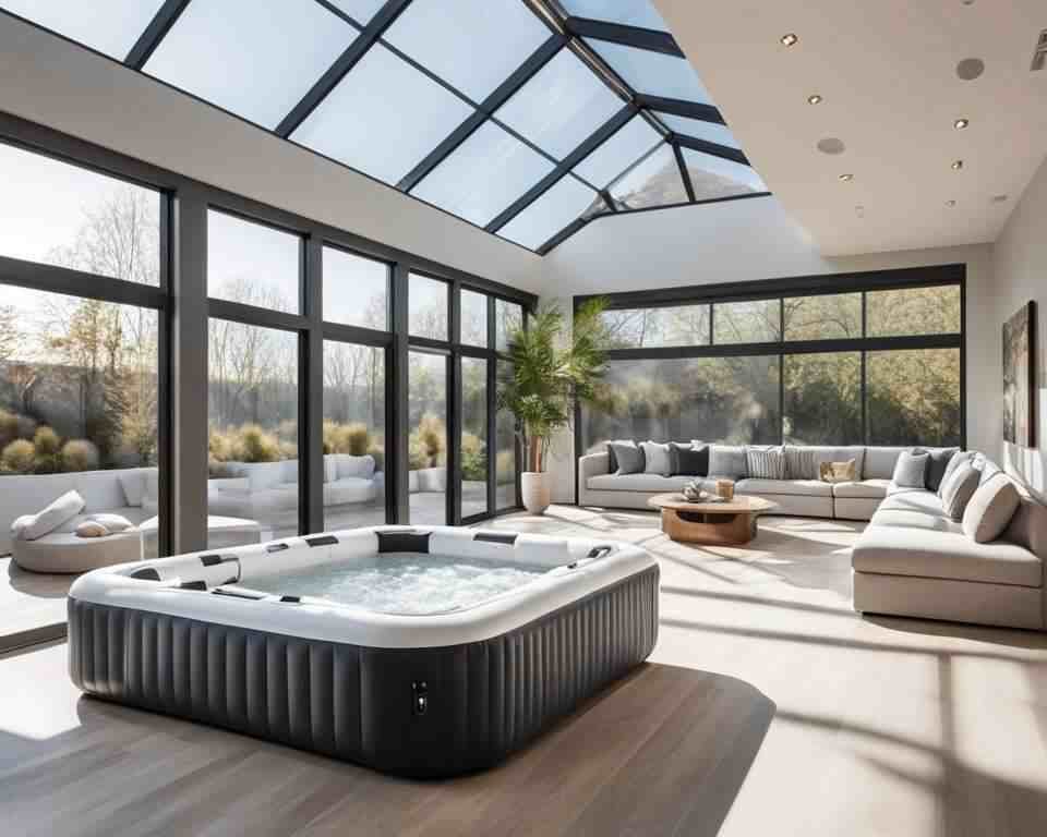 An inflatable hot tub in an indoor sun room.