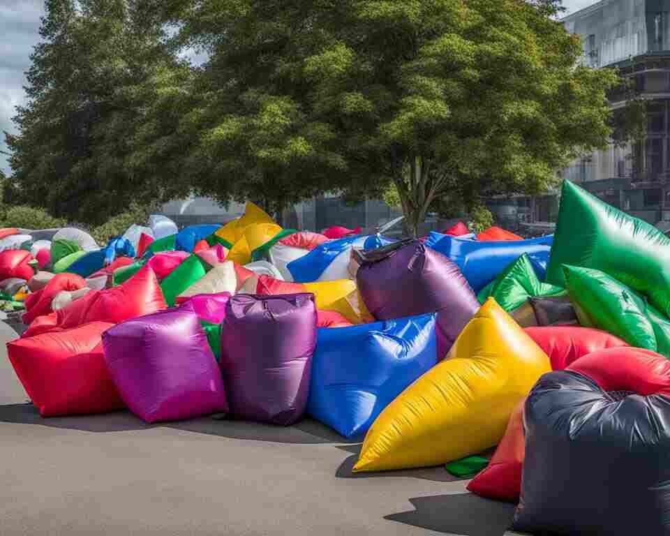 A pile of deflated inflatables being sorted into recycling bins. Each inflatable has a different color and shape, representing the variety of products that can be recycled.