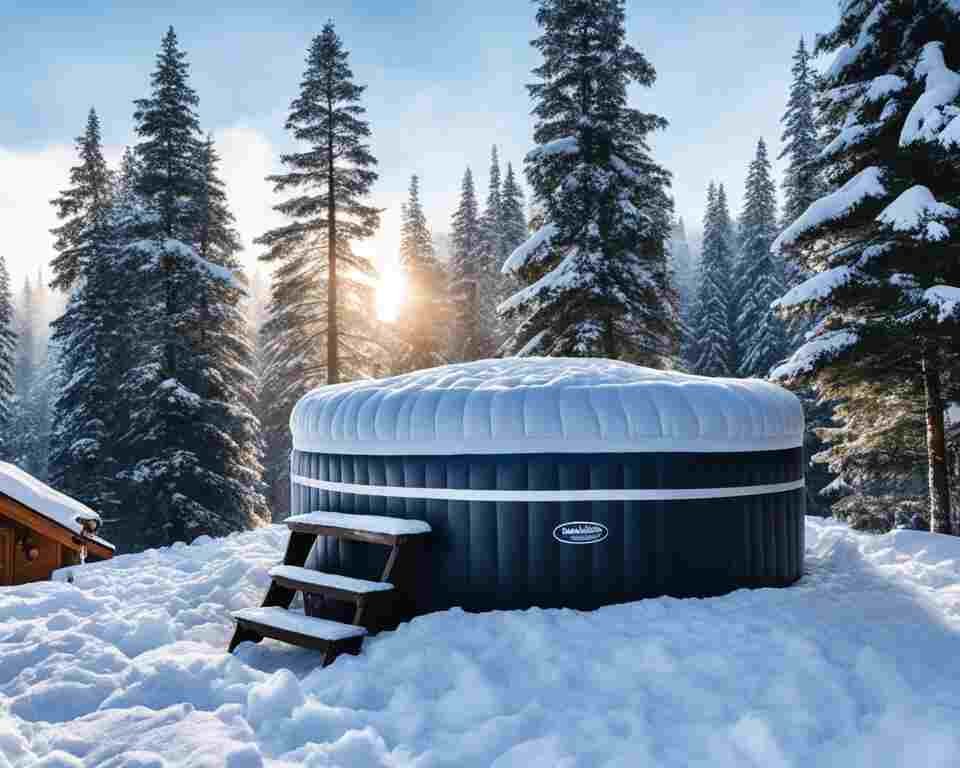 A snow covered inflatable hot tub left out in winter.