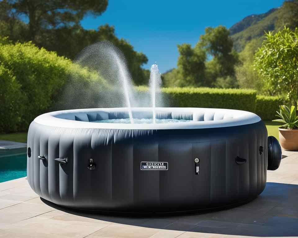 An image of an inflatable hot tub with multiple jets shooting water into the air.