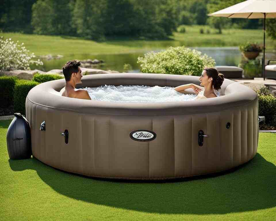 An inflatable hot tub with powerful jets shooting out streams of water, creating a relaxing and therapeutic experience for the users.