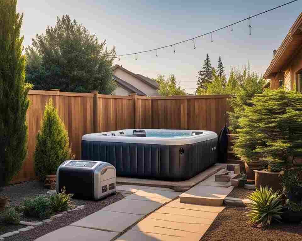 An inflatable hot tub installed on a backyard deck with a power source nearby.