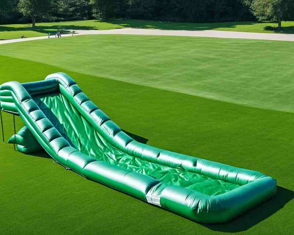 Green inflatable water slide set up on a lawn.