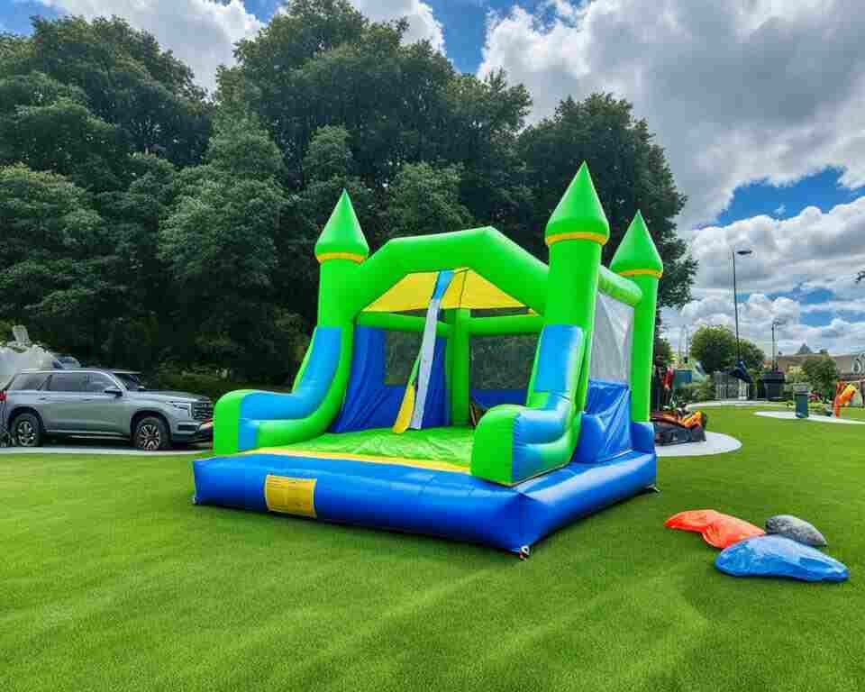 An Inflatable castle set up on a healthy lawn.