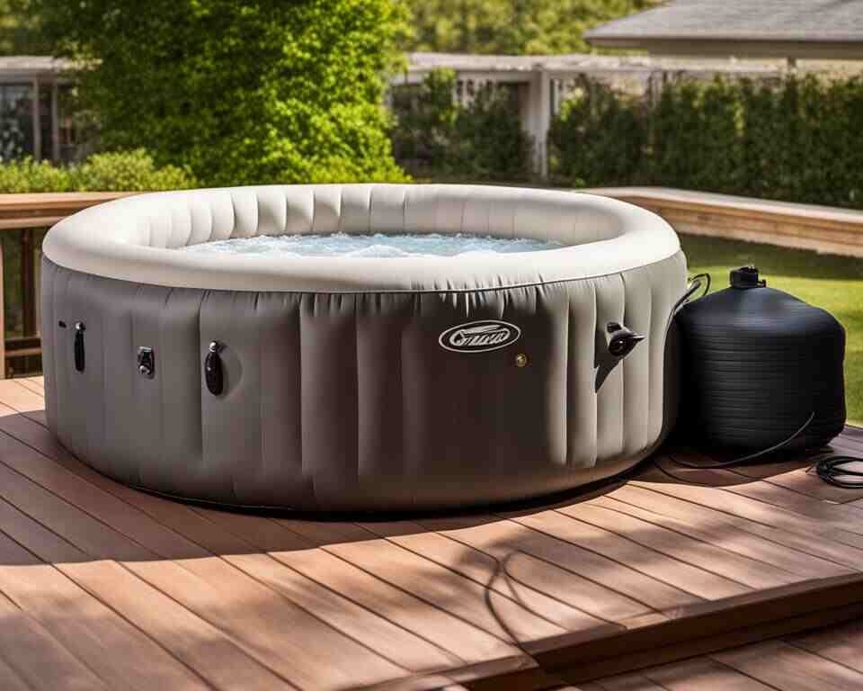 An inflatable hot tub sitting outdoors on a patio with an electrical outlet nearby.