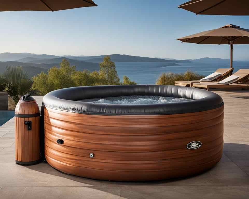 A sleek and modern inflatable hot tub sitting in a rugged outdoor environment, showcasing its strength through durable materials and advanced technologies. 