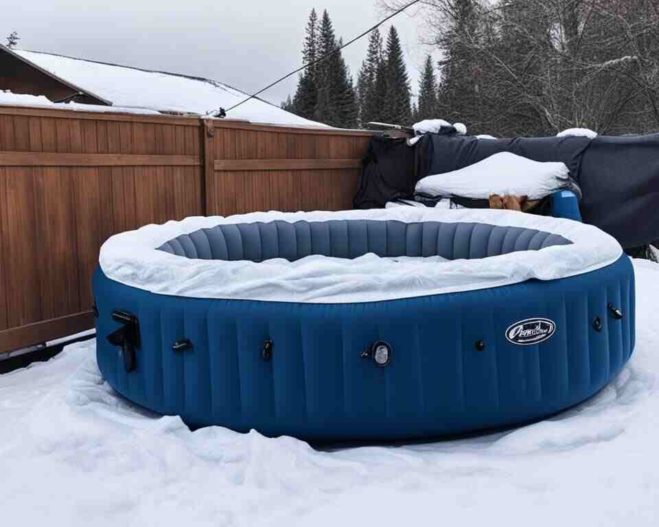 A cozy inflatable hot tub, deflating slowly in freezing temperatures.