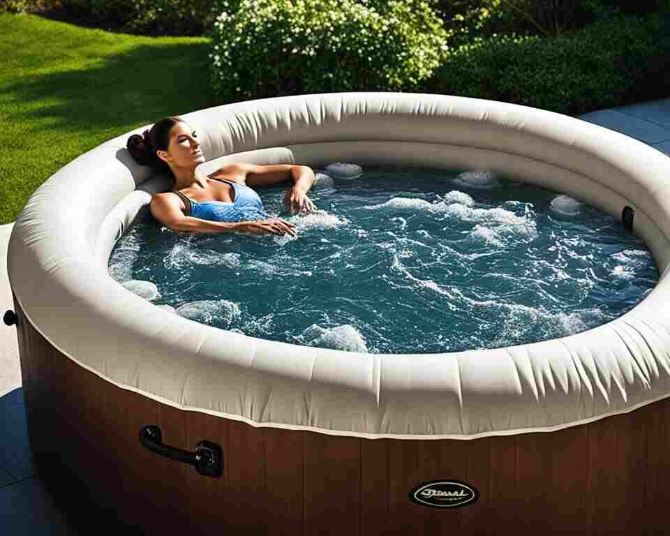 A woman enjoying the comfort of her inflatable hot tub, outdoor on her patio.