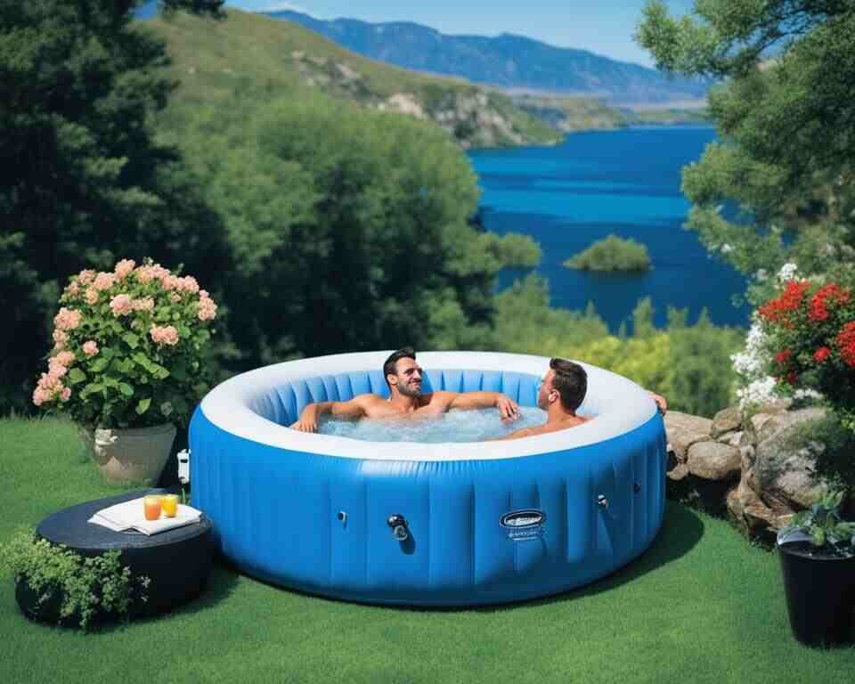 Two people lounging comfortably in an inflatable hot tub, surrounded by bubbles and relaxing scenery.