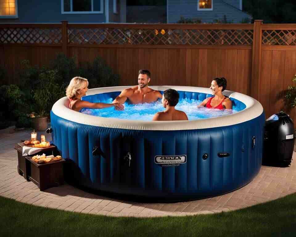 A family enjoys an evening soak in their inflatable hot tub, surrounded by safety precautions such as a sturdy platform, non-slip mats, and a fence to prevent falls. The area is well-lit, free from tripping hazards, and the water temperature is kept at a safe level.