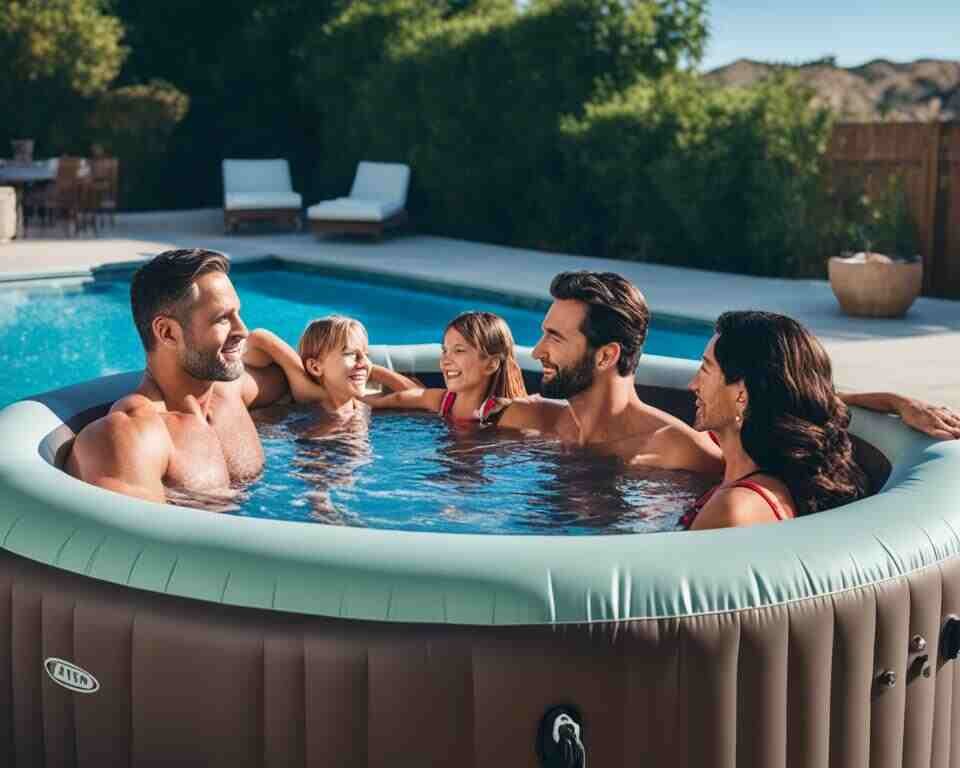 A small family enjoying a dip, in a safe inflatable hot tub.