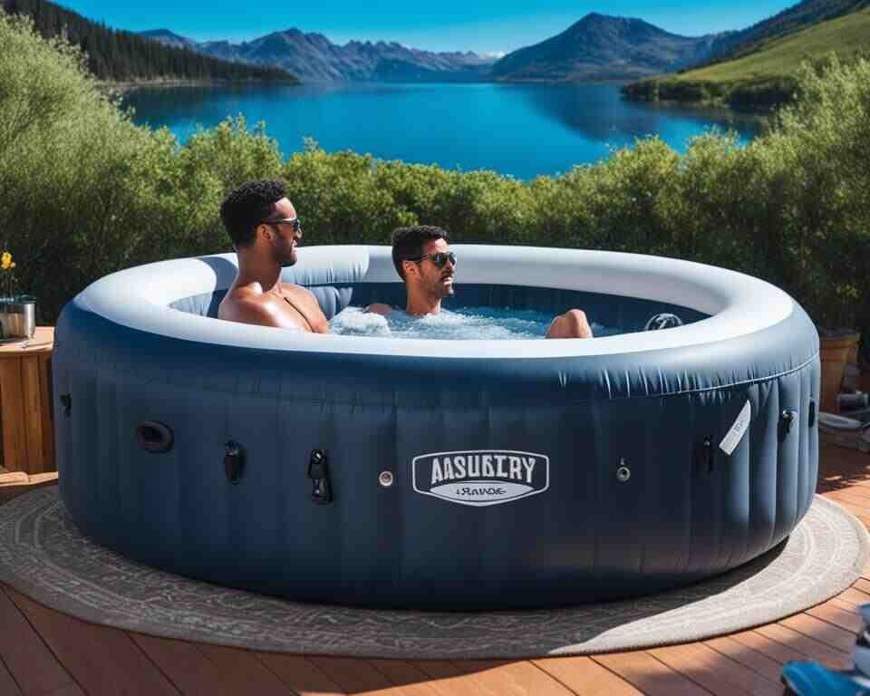 Two friends enjoying their day in an inflatable hot tub together.