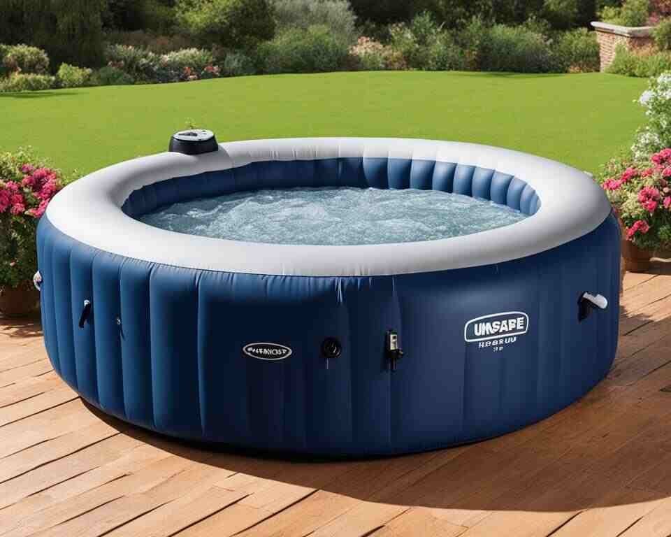 An outdoor inflatable hot tub being prepped, prior to entry. 