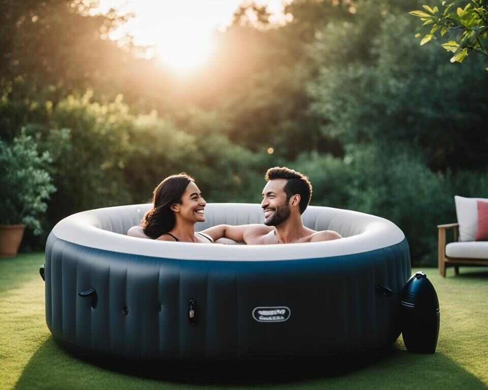 Two people relaxing in an inflatable hot tub, one with a content expression while the other with a blissful smile.