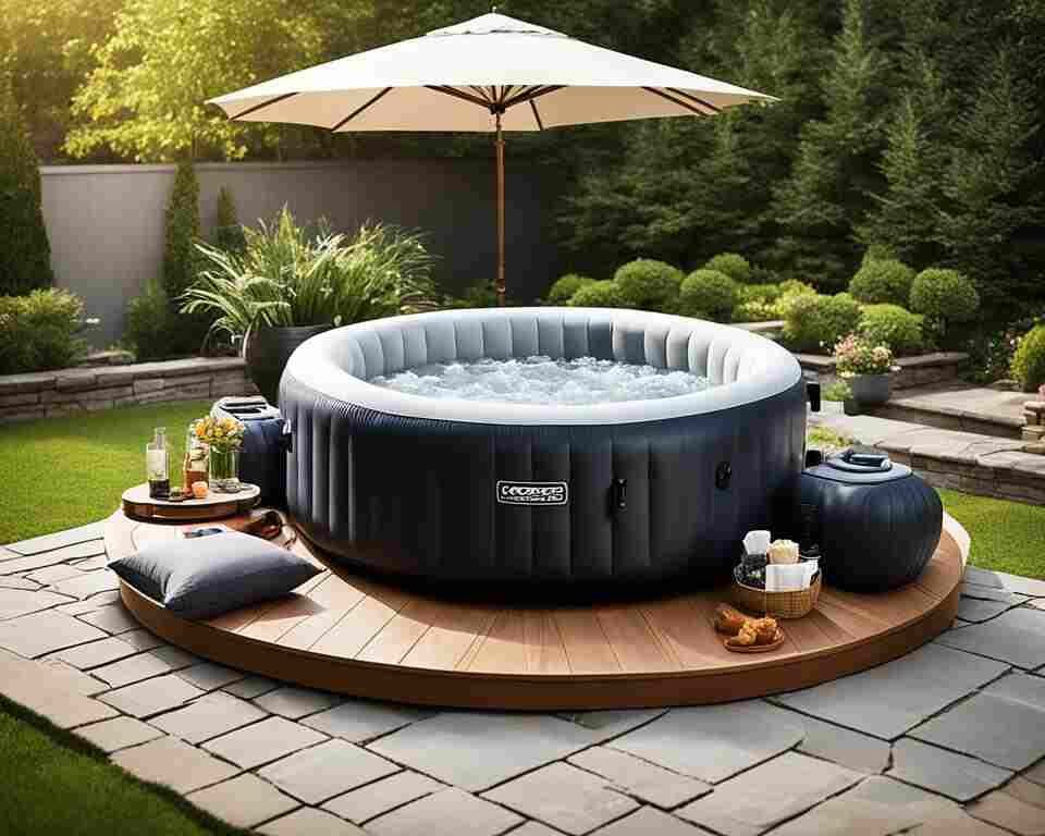An image of a serene backyard setting with an inflatable hot tub, surrounded by accessories that enhance comfort and relaxation.