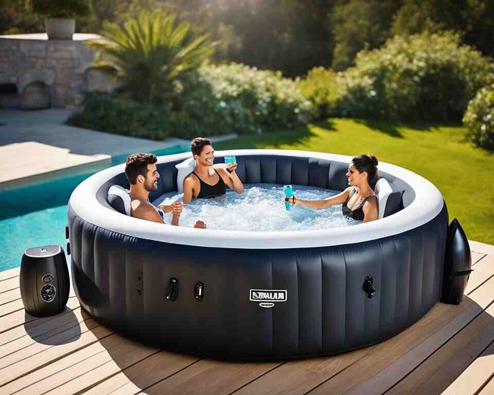 A couple with a friend enjoying a beautifully set up inflatable hot tub in their backyard setting.