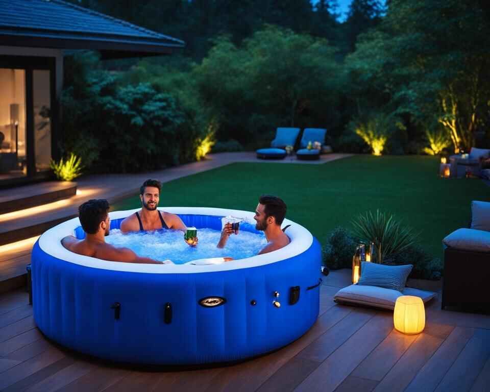 Three friends in a backyard setting, enjoying a drink in an inflatable hot tub together.