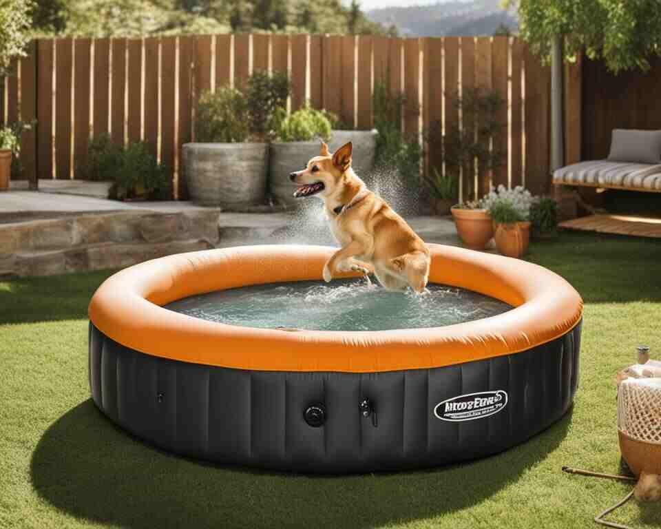 A small dog in an inflatable hot tub being destructive.