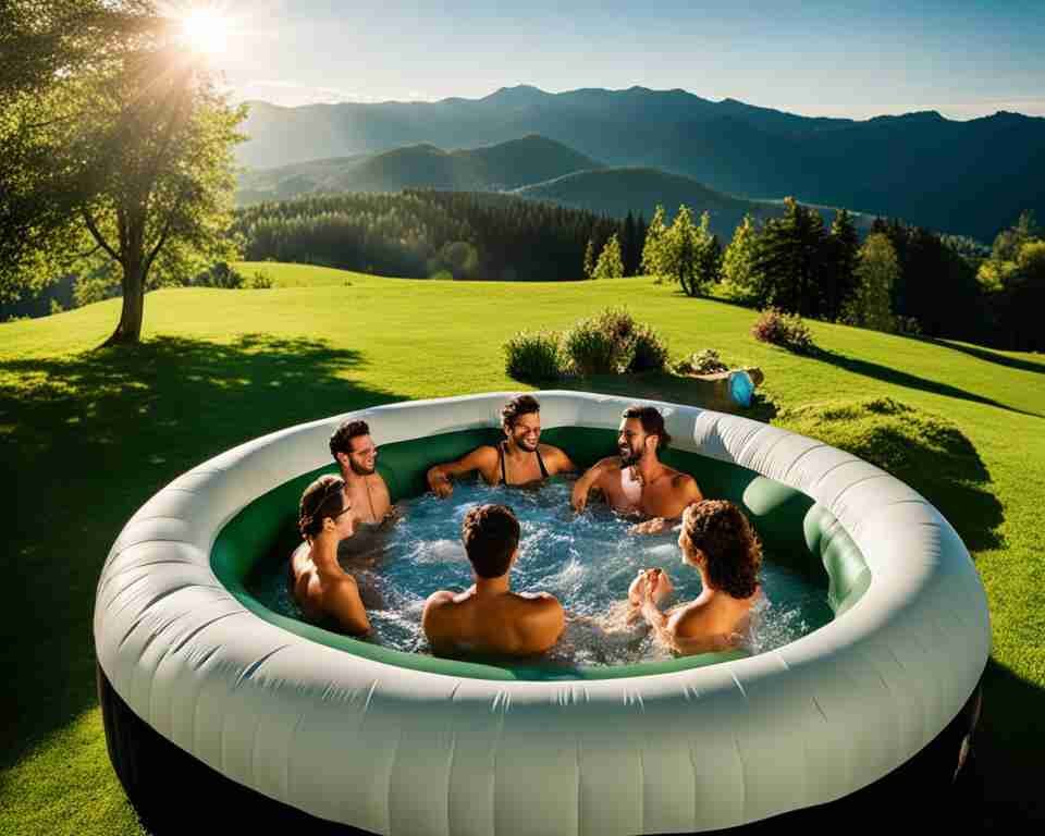 An inflatable hot tub resting on a lush green lawn surrounded by trees and bushes. The sun is shining down, casting a warm glow over the scene. A group of happy people are lounging in the tub,