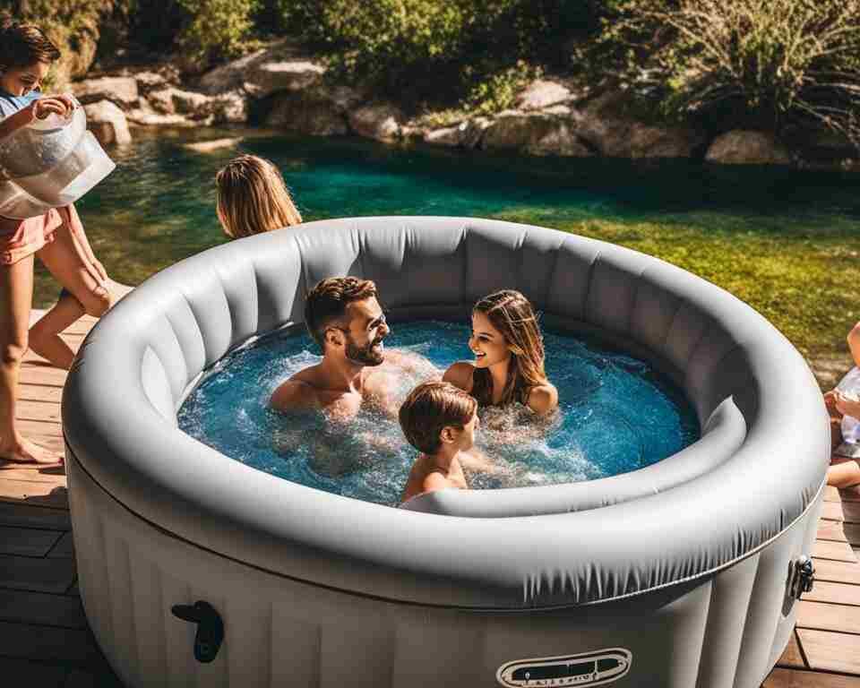 A family using an inflatable hot tub as a pool in summer.