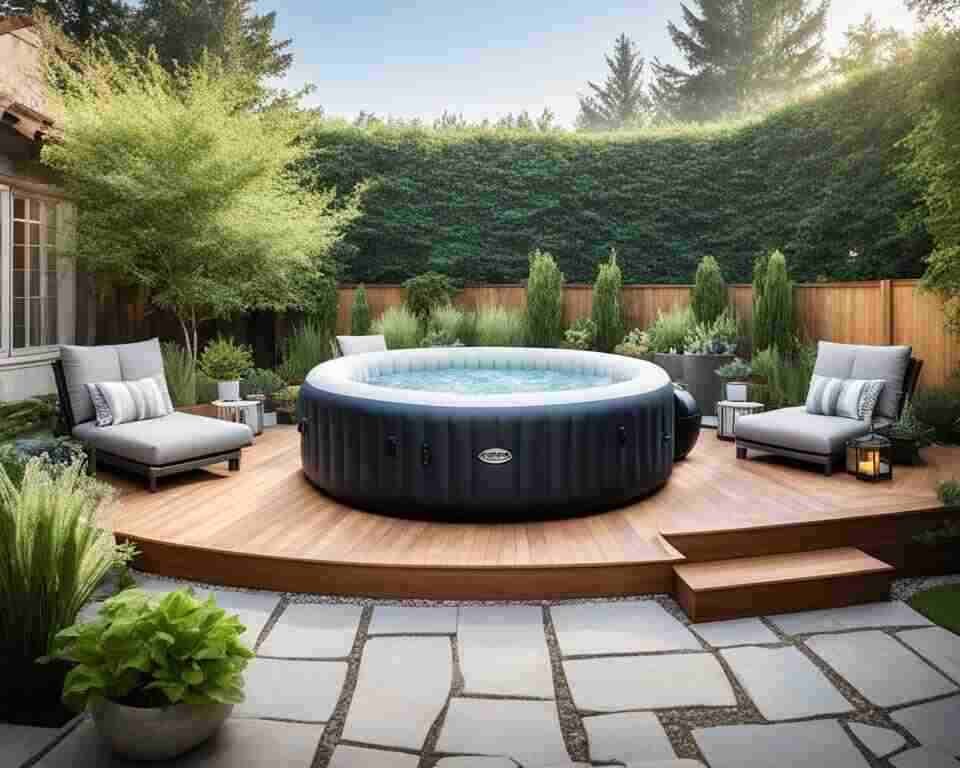 A serene backyard scene featuring an inflatable hot tub that is large enough to accommodate several people.